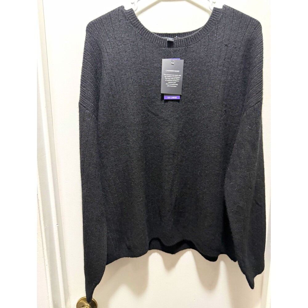 DKNY Women's Cashmere Blend Crewneck Ribbed Knit Pullover Sweater Black 2XL